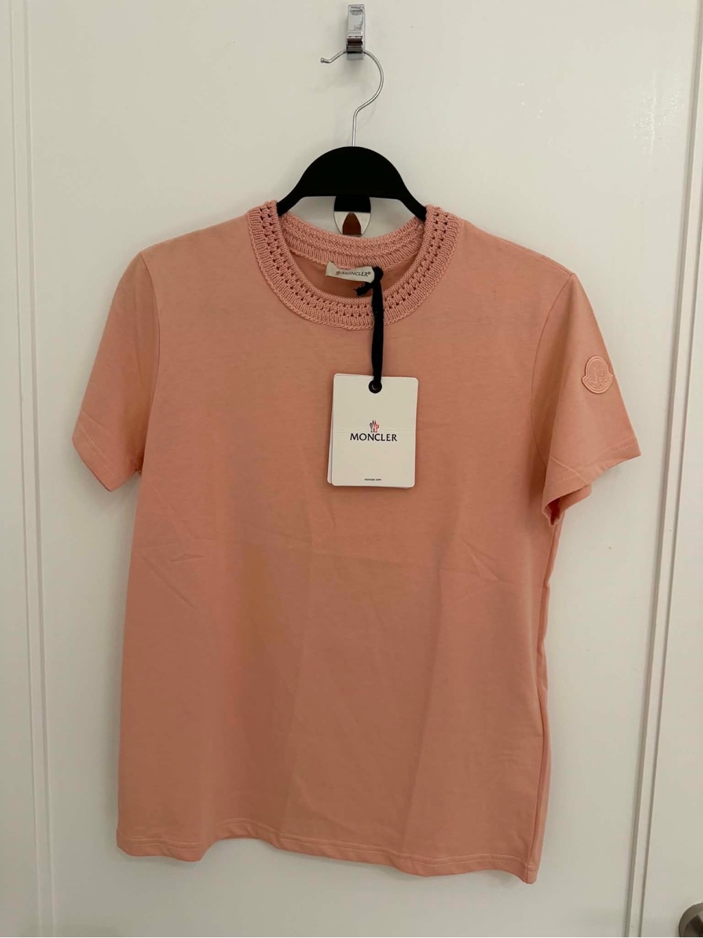 Moncler Peach-Pink Crochet-Neck Short Sleeve Tee